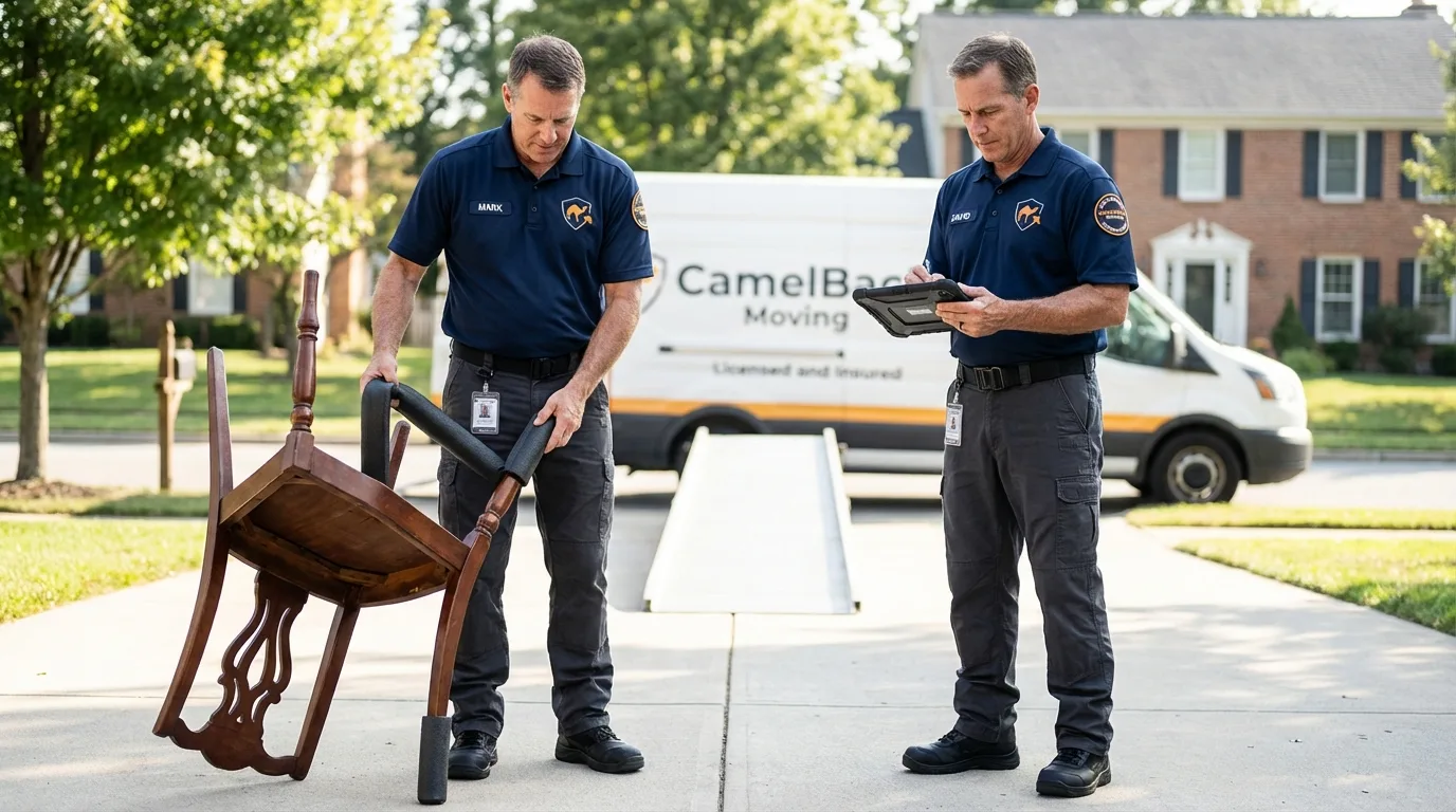Movers inspecting furniture for damage prevention before loading in Meridianville, AL