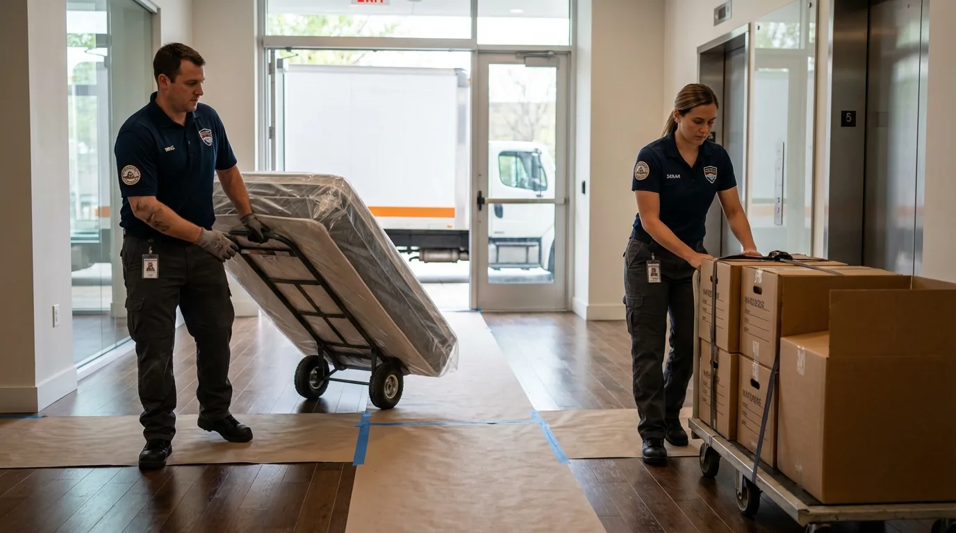 Professional apartment movers loading elevator in Meridianville, AL