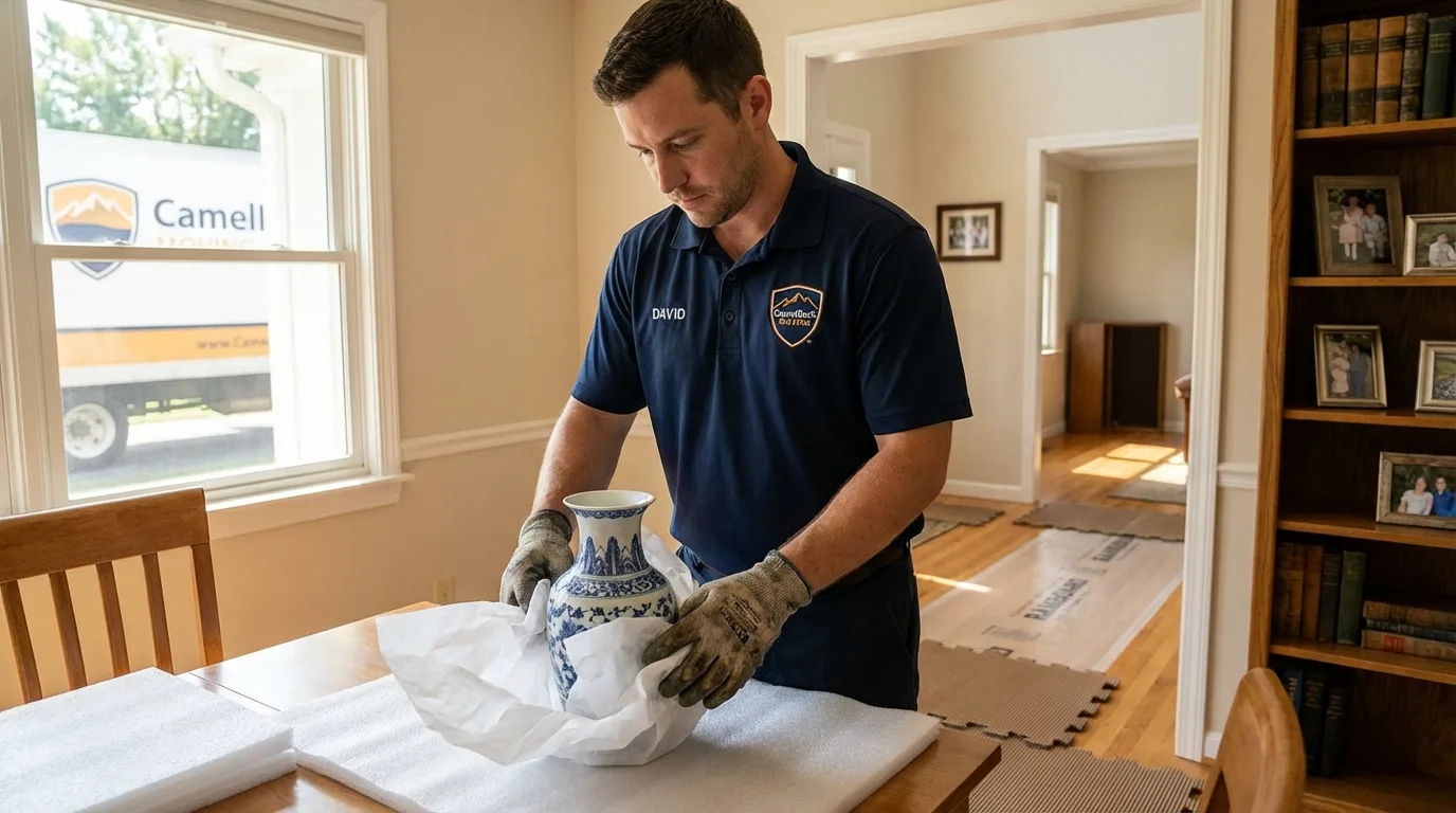 Professional crew carefully wrapping antique vase for senior downsizing move in Meridianville, AL